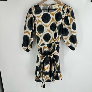 Maeve Anthropologie Destin‎ Poplin Mini Dress XS Belted Puff Sleeve Neutral Boho